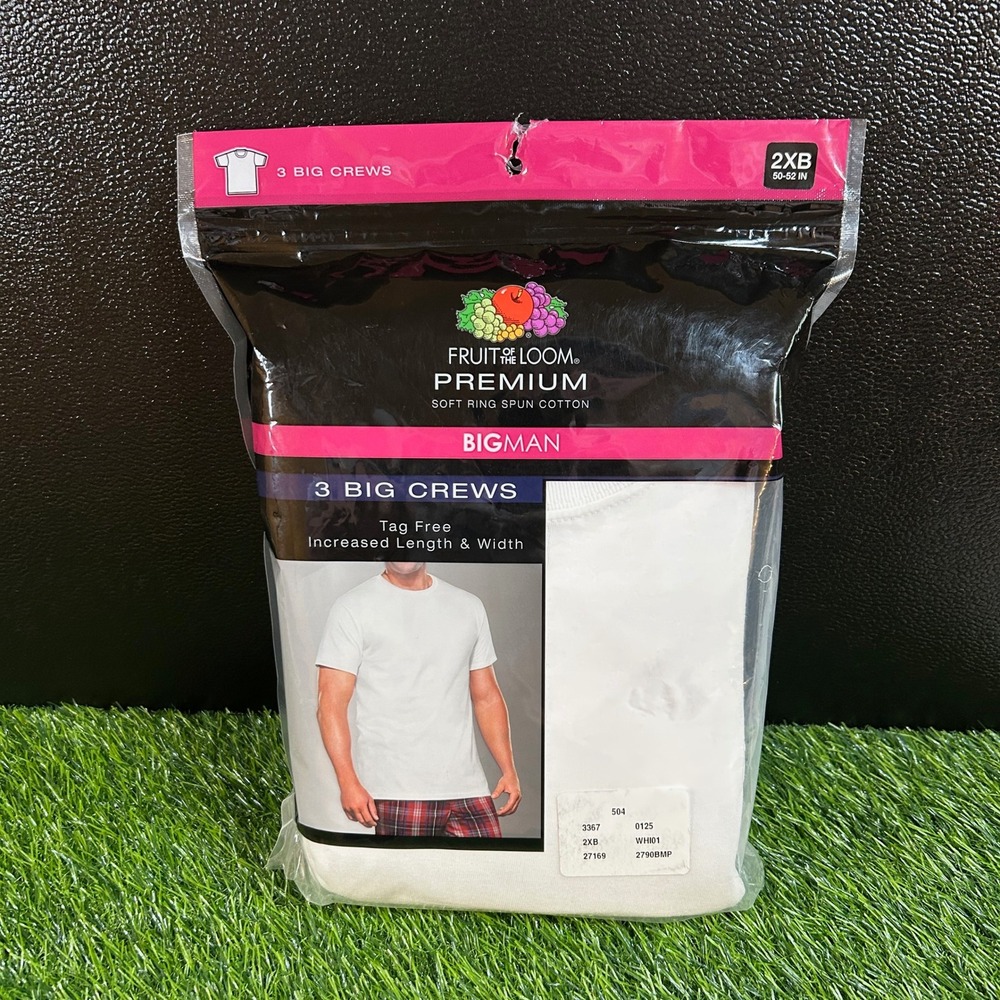 Fruit of the Loom Premium Big Man Crew Neck T-Shirts 3 Pack‎ White Mens 2XB NWT
